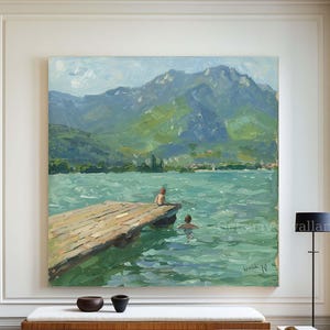 Abstract Lake Landscape Oil Painting Kids Swimming on Dock Modern Summer Scenic Nature Wall Art