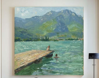 Abstract Lake Landscape Oil Painting Kids Swimming on Dock Modern Summer Scenic Nature Wall Art