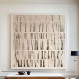 Großes minimalistisches japanisches Wandbild, beiges abstraktes Ölgemälde mit neutralen Linien auf Leinwand
