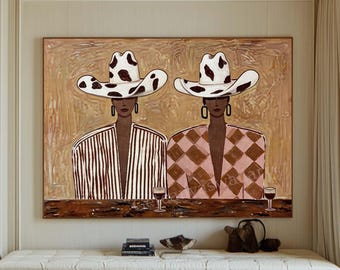 Modern Cowgirl Couple Oil Painting Western Minimalist Wall Art Neutral Textured Canvas