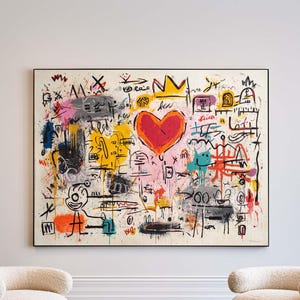 Großes abstraktes Graffiti-Wandbild, moderne Straßenmalerei, kühne Pop-Art, Herz-Leinwand
