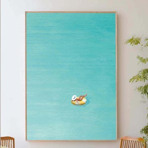 Girl Swimming Painting Woman Floating in Pool Art Blue Oil Painting Tiny People Swimming Wall Art Minimalism Summer Art Beach House Decor