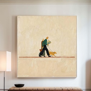 Minimalistisches Paar Hund Gemälde Moderne Figurative Wand Kunst Große Beige Strukturierte Leinwand Kunst
