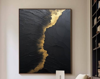 Black and Gold Abstract Painting Wabi Sabi Wall Art Gold Leaf Texture Painting Original Black Texture Canvas Art Boho Abstract Wall Art