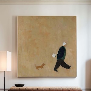 Abstract Papa & Puppy Oil Painting Larg Brown Wall Art Old Man Walking with Dog Neutral Hand-Painted Minimalist Canvas Art for Living Room