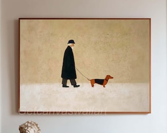 Large Abstract Papa & Puppy Oil Painting Man Walking with Dog Wall Art Original Folk Art Canvas
