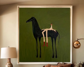 Modern Western Horse Canvas Art Minimalist Equestrian Oil Painting Olive Green Wall Art