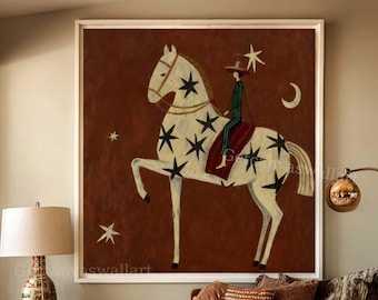 Large Abstract Horse Rider Oil Painting Modern Folk Art Western Canvas Minimalist Whimsical Wall Art