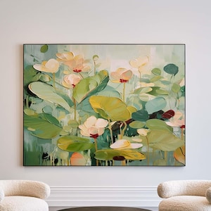 Pintura floral abstracta, arte mural botánico verde, lienzo grande con textura de paisaje de jardín.