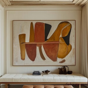 Cuadro abstracto de gran formato sobre lienzo, estilo Wabi-Sabi, pintura texturizada en tonos marrones y beige, decoración neutra para el hogar.