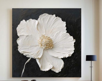 Black and White Flower Wall Art Gold Leaf 3D Texture Painting Large White Heavy Textured Floral Canvas Wall Art Modern Minimalist Painting