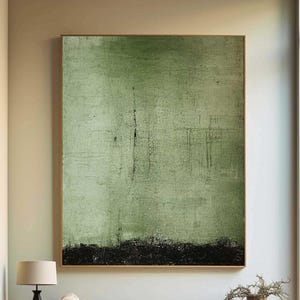 Sage Green Abstract Painting Black Green Textured Wall Art Minimalist Modern Canvas