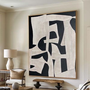 Beige Black Texture Painting on Canvas Wabi Sabi Wall Art Beige Minimalist Wall Art for Livingroom Black Texture Art Neutral Wall Art Framed