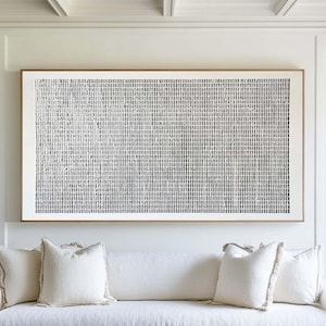 Gran cuadro horizontal texturizado en blanco y negro, arte lineal minimalista, arte orgánico moderno sobre lienzo.