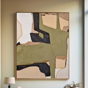 Green Abstract Geometric Painting Large Green & Beige Textured Wall Art Neutral Minimalist Canvas Painting for Livingroom Wabi Sabi Wall Art