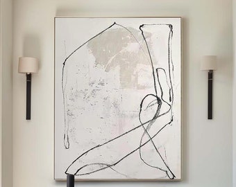 Beige Minimalist Wall Art Beige and Black Abstract Line Painting on Canvas Large Beige Textured Wall Art Creamy White Minimalist Painting