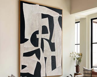 Large Neutral Abstract Oil Painting Beige & Black Textured Wall Art Modern Minimalist Canvas Art