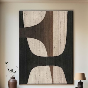 Pintura minimalista abstracta en beige y negro, arte de pared Wabi Sabi, lienzo grande con textura marrón, arte de pared minimalista neutro para sala de estar