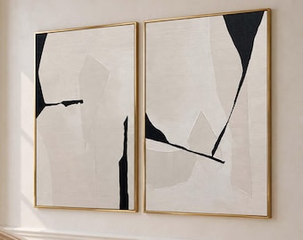 Beige Black Abstract Diptych Japandi Minimalist Wall Art Set Modern Textured Painting