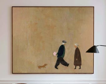 May include: A large rectangular wall art piece featuring a beige textured background with a painted scene of a person in a dark coat and cap walking toward another person in a brown coat, accompanied by a small brown dog and a pink object.