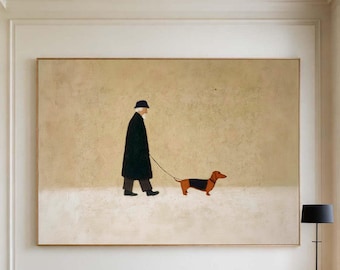 May include: A large rectangular wall art piece featuring a painting of a person in a black coat and hat walking a brown and black dachshund on a leash. The background is a neutral beige and white color palette. The text Getcanvaswallart is visible.