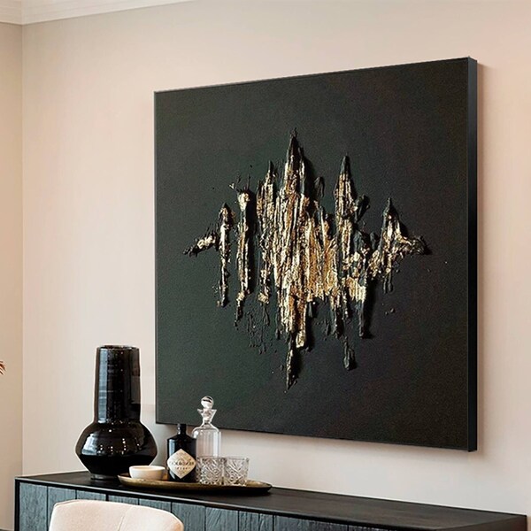 Black and Gold Abstract Wall Art Large Black Textured Wall Art Gold 3D Plaster Painting Wabi Sabi Wall Art Modern Abstract Painting