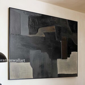 Large Black & Taupe Abstract Canvas Art Original Oil Painting Wabi Sabi Wall Art Modern Textured Minimalist Painting for Living Room