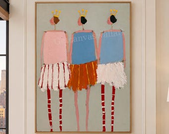 Whimsical Ballet Girls Painting Colorful Figurative Canvas Art Ballerina Wall Art