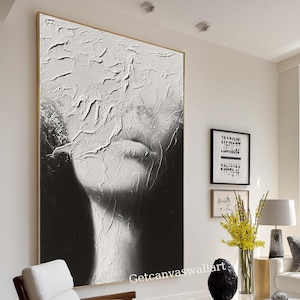 Textured Black & White Abstract Portrait Painting Modern Minimalist Face Canvas Large Statement Wall Art