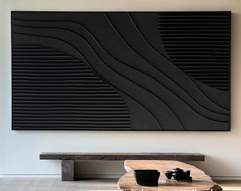 Textured Black Minimalist Painting: Contemporary Hand-Painted Wall Art