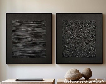 Schwarzer Gips Wand Kunst 2er Set Schwarze Minimalistische Wand Kunst Schwarze 3D Textur Malerei Wabi Sabi Wand Kunst Moderne Minimalistische Malerei auf Leinwand