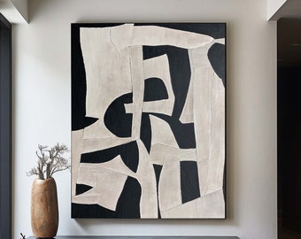 Beige Wabi Sabi Wall Art Black Beige Abstract Painting Large Black Minimalist Wall Art Beige Textured Canvas Painting Neutral Wall Decor