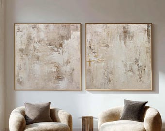 Beige Abstract Diptych Wall Art Textured Minimalist Painting Set Wabi Sabi Canvas Art