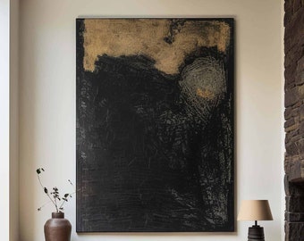 Wabi Sabi Wall Art Black Abstract Painting on Canvas Large Black Texture Wall Art Beige & Black Abstract Art Neutral Neutral Wall Art Decor