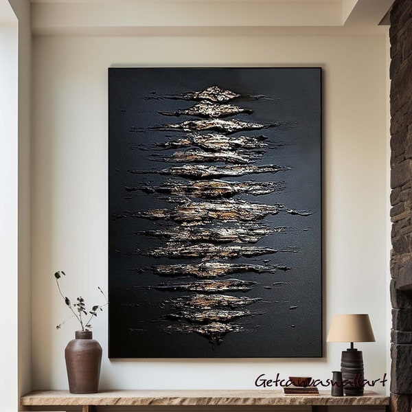 Large Black and Gold Textured Wall Art Black and Gold Abstract Paining Wabi Sabi Wall Art Gold Leaf 3D Texture Painting Modern-Classic Art