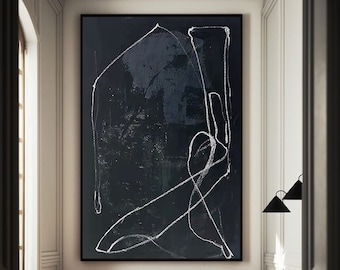 Large Black Texture Wall Art Black and White Abstract Line Painting Wabi Sabi Wall Art Black Minimalist Wall Art Modern Living Room Wall Art