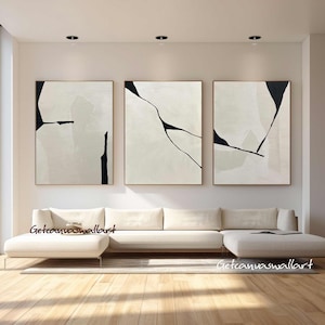 Set of 3 Beige Minimalist Painting Original Hand-Painted Textured Canvas Art Large Beige Black Wall Art