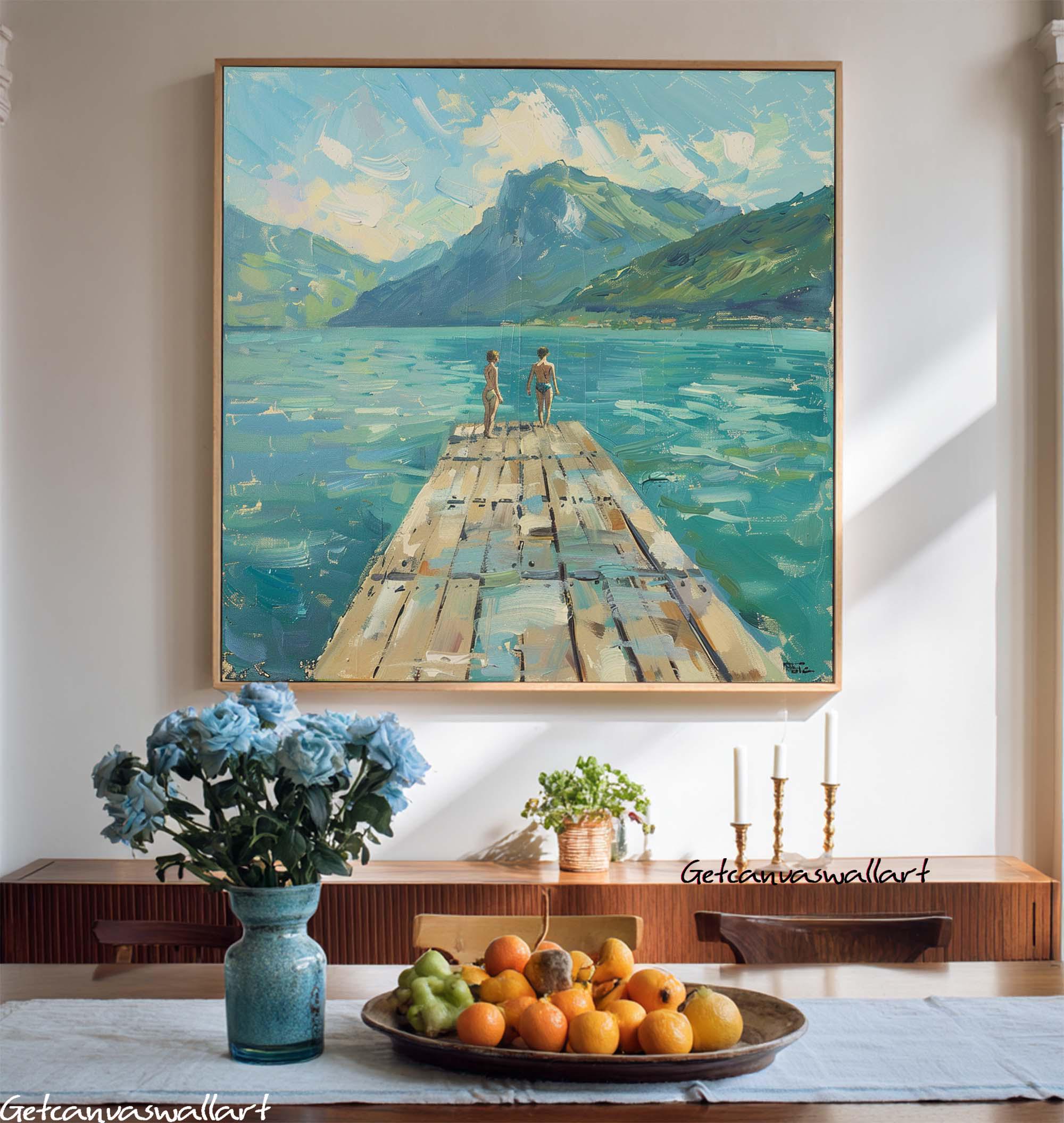 Large Abstract Lake Landscape Oil Painting Couple on Dock Serene Summer ...