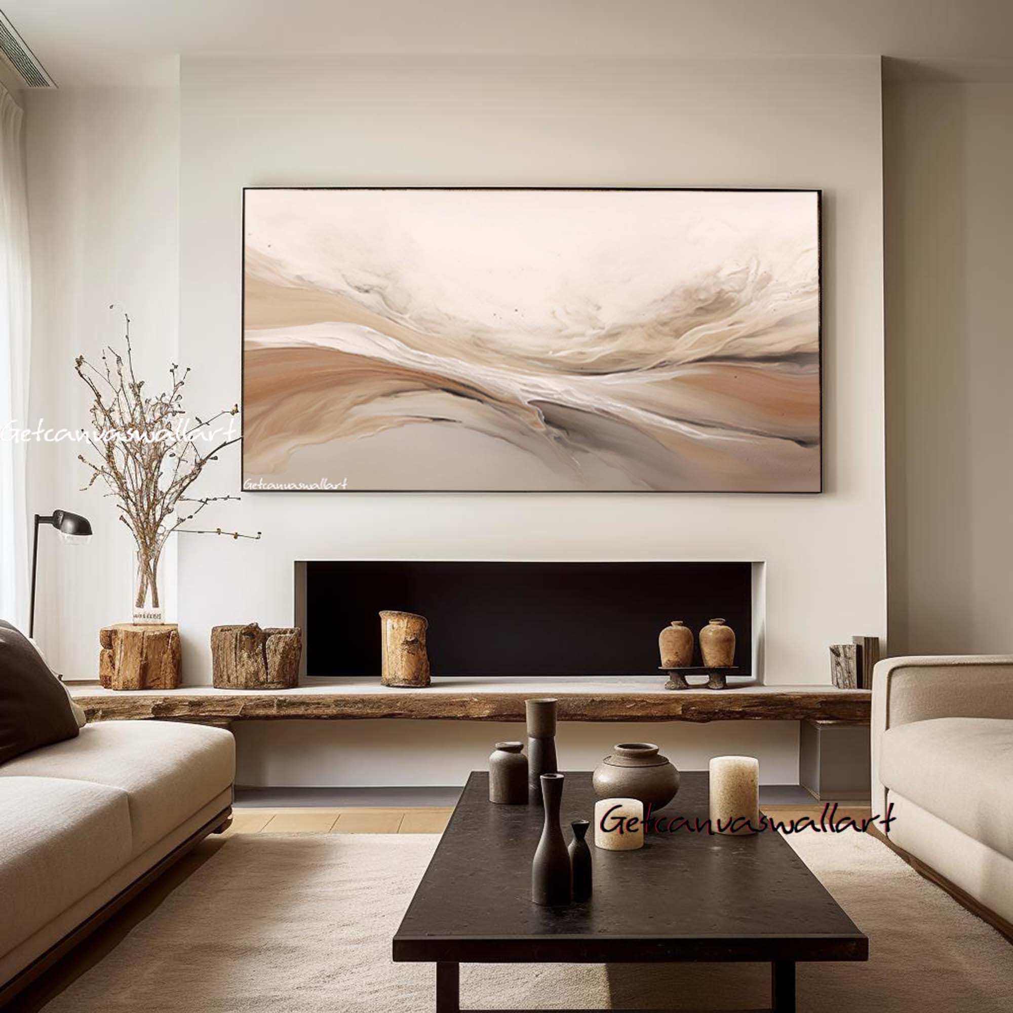 Neutral Abstract Landscape Oil Painting Large Beige & Brown Wall Art ...