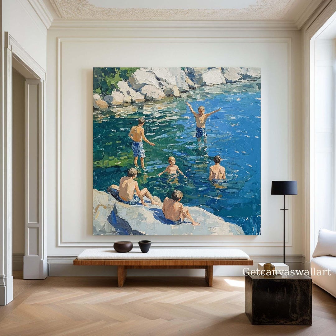 Vintage Summer Lake Scene Canvas Boys Swimming Oil Painting Large Blue ...