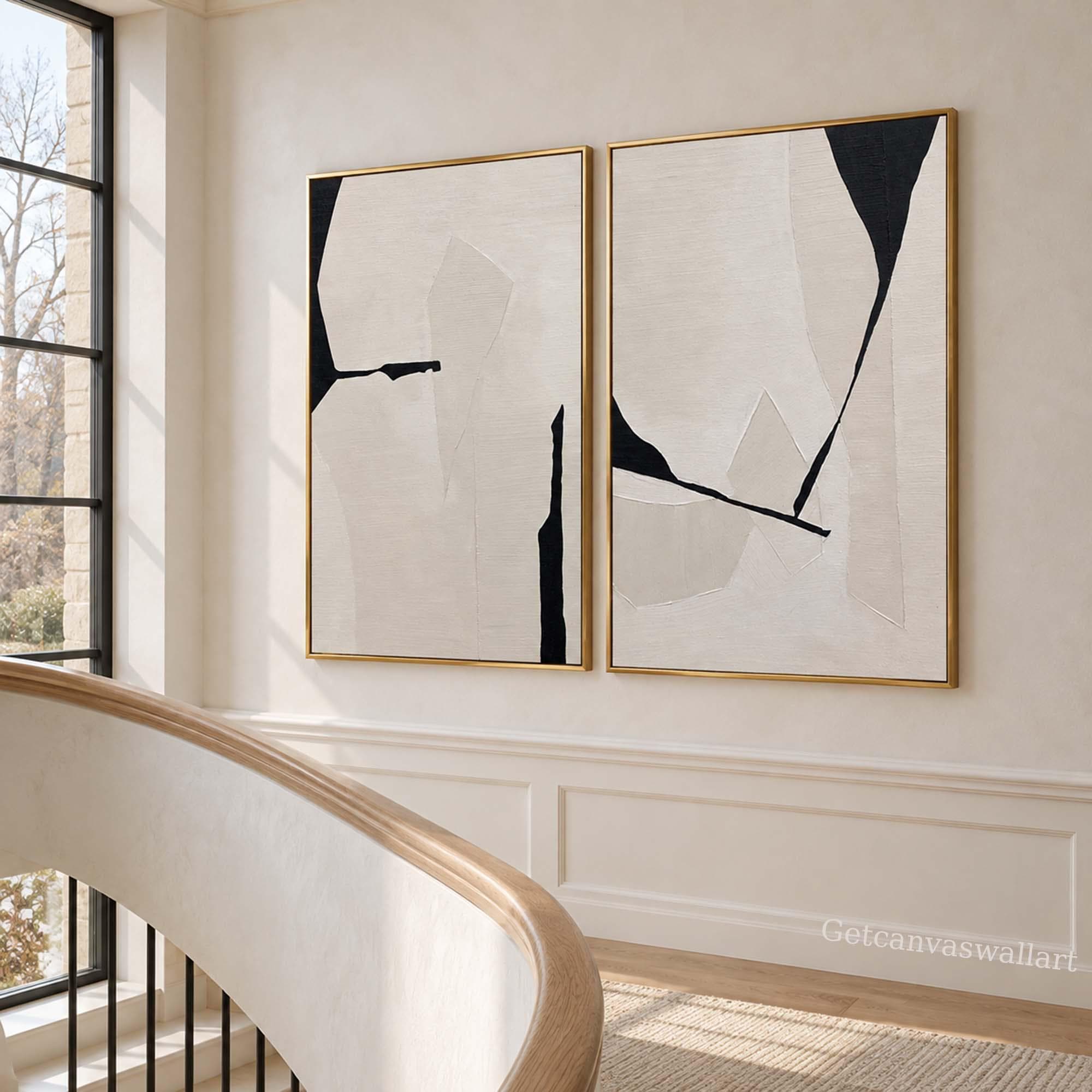 Beige Black Abstract Diptych Japandi Minimalist Wall Art Set