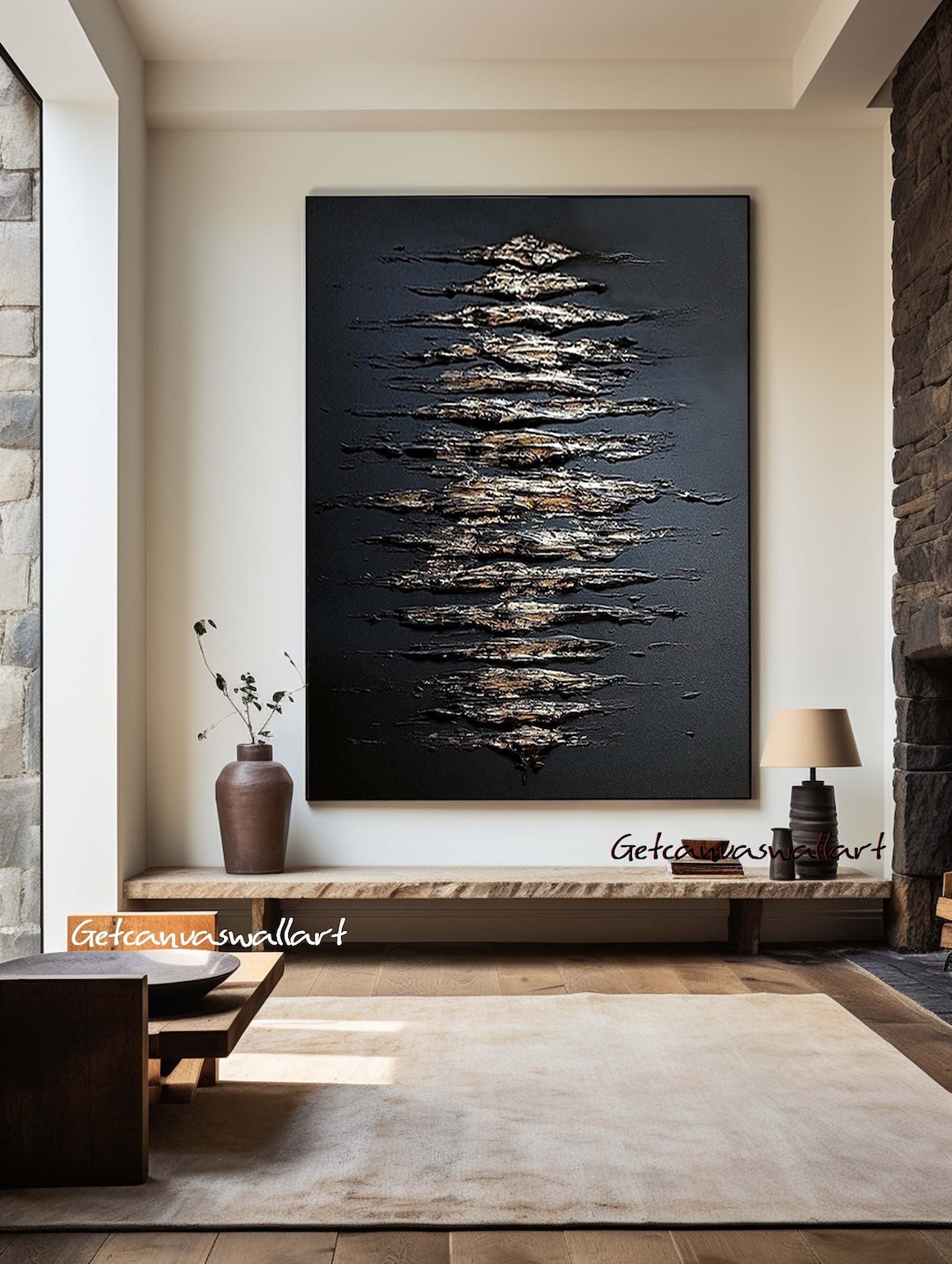 Large Black Textured Wall Art Black Gold Abstract Paining Wabi Sabi