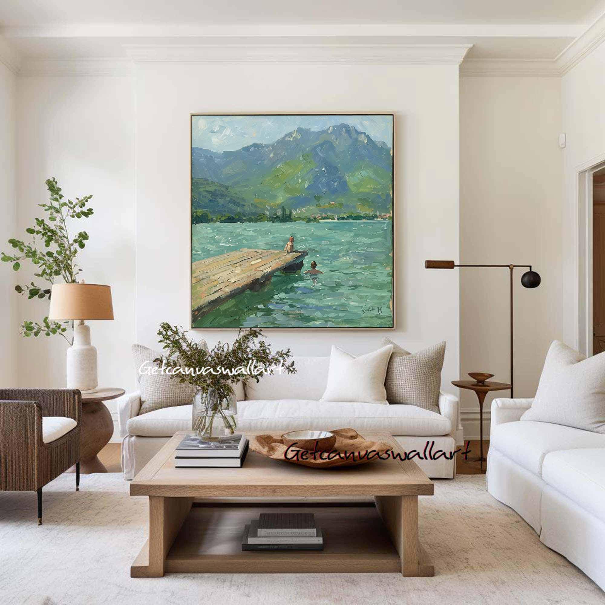 Abstract Lake Landscape Oil Painting Kids Swimming on Dock Modern ...