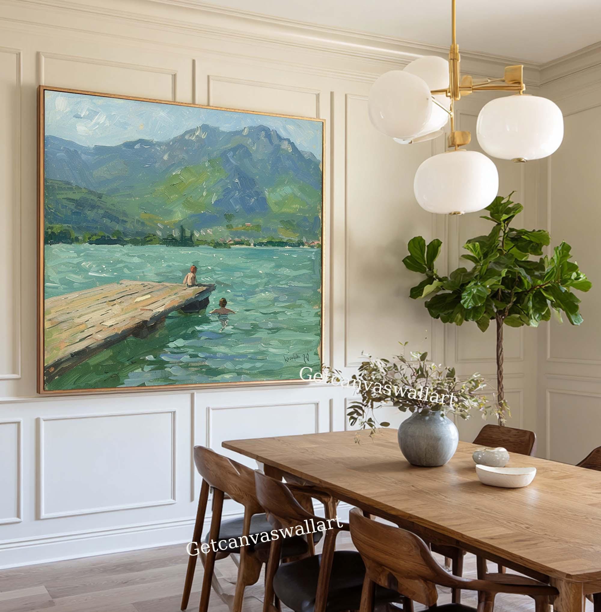 Abstract Lake Landscape Oil Painting Kids Swimming on Dock Modern ...