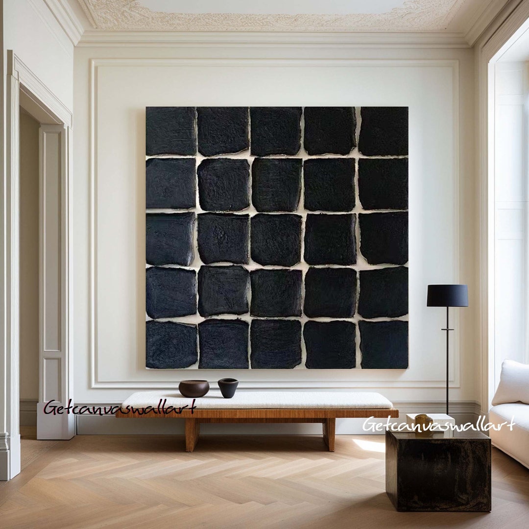 Large Black Textured Canvas Art Black Abstract Geometric Painting Hand ...