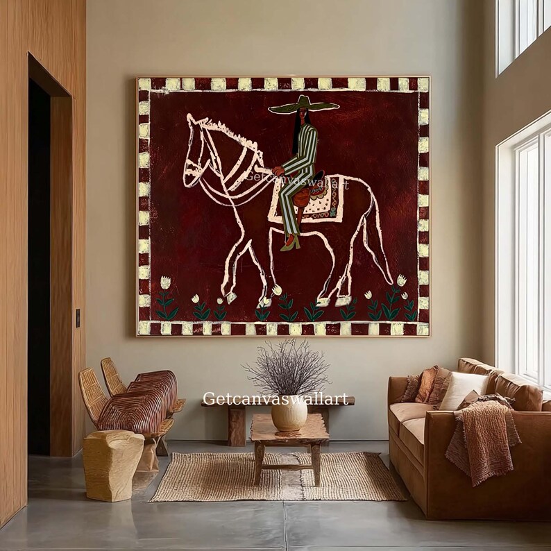 Original Whimsical Horse Rider Oil Painting Mid Century Western Modern ...