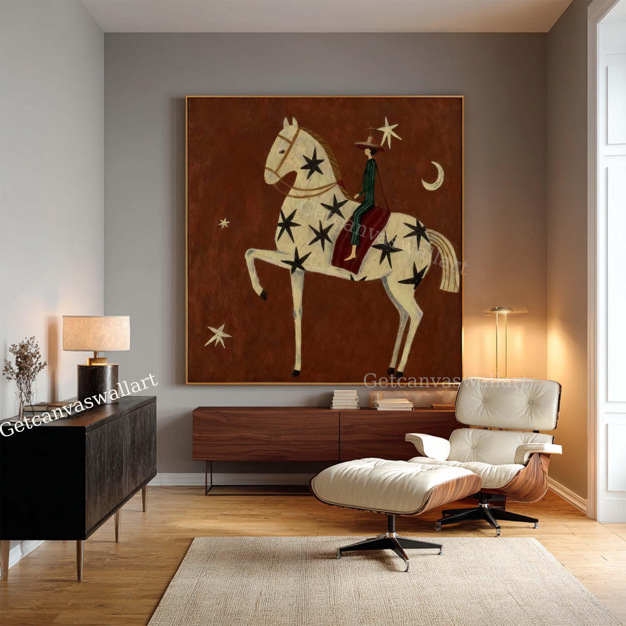 Large Abstract Horse Rider Oil Painting Modern Folk Art Western Canvas ...