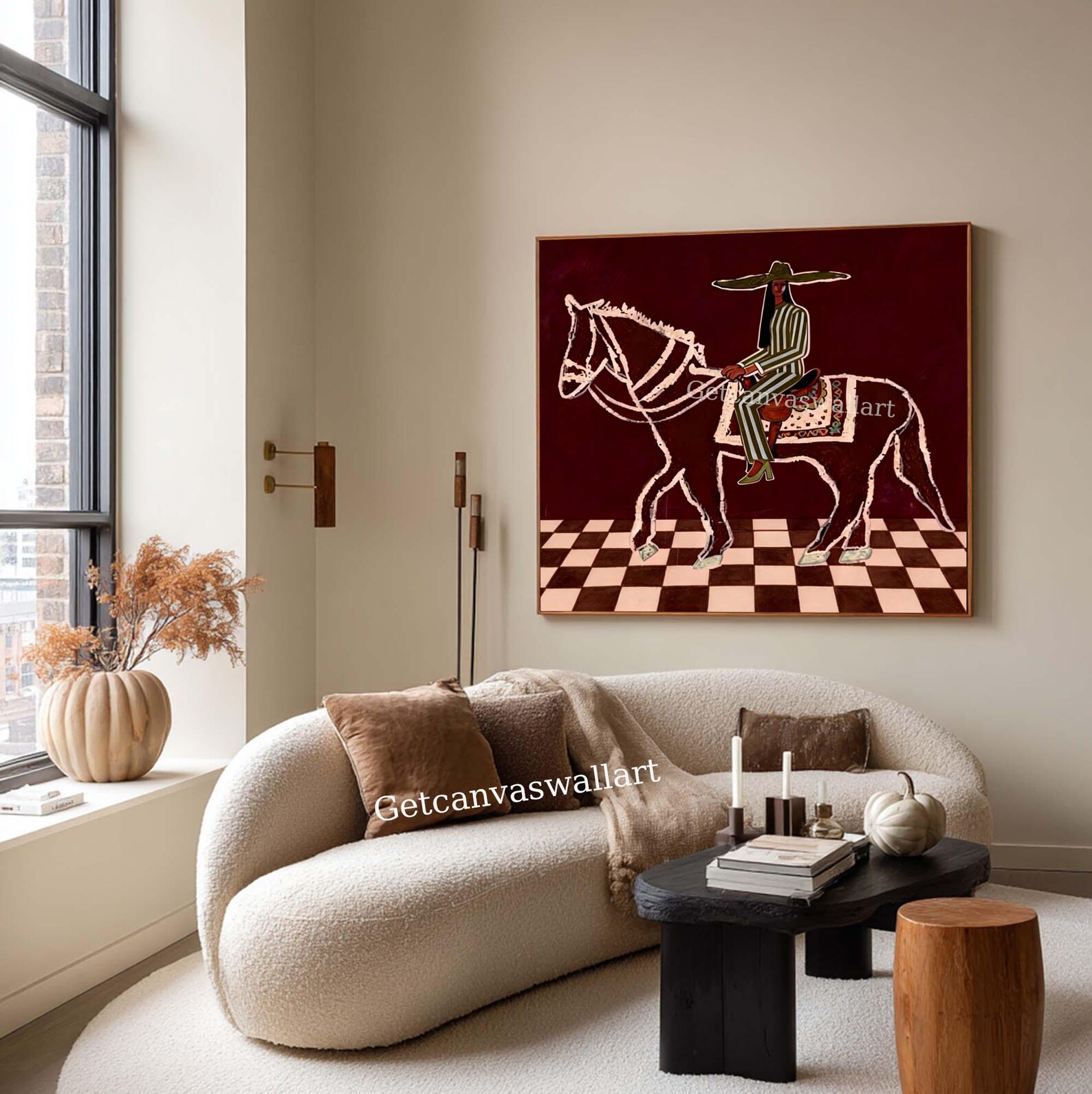 Vintage Horse Rider Oil Painting Large Red Minimalist Wall Art Mid ...