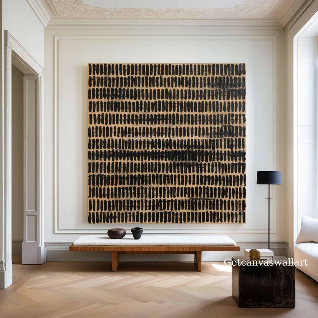 Large Minimalist Abstract Canvas Art Black and Beige Textured Painitng ...