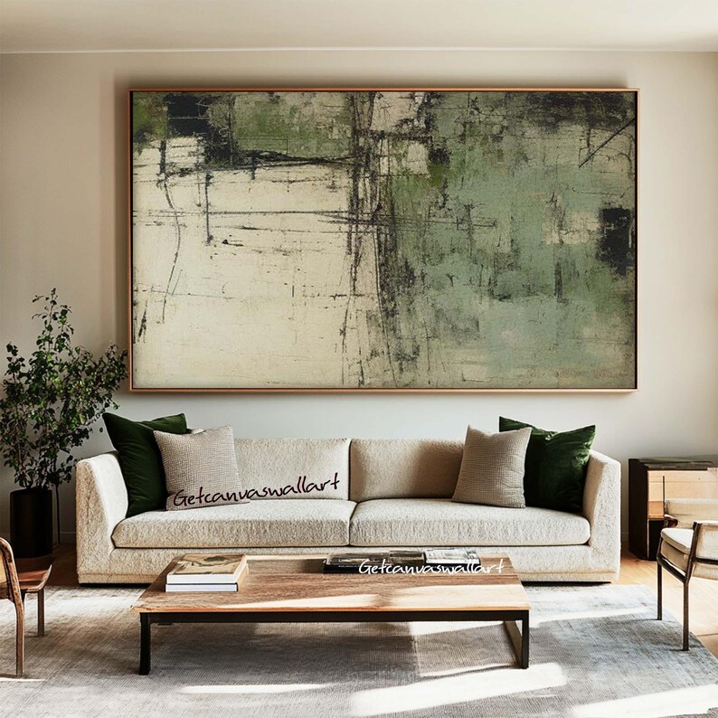 Large Green Abstract Canvas Art Neutral Textured Wabi Sabi Painting ...